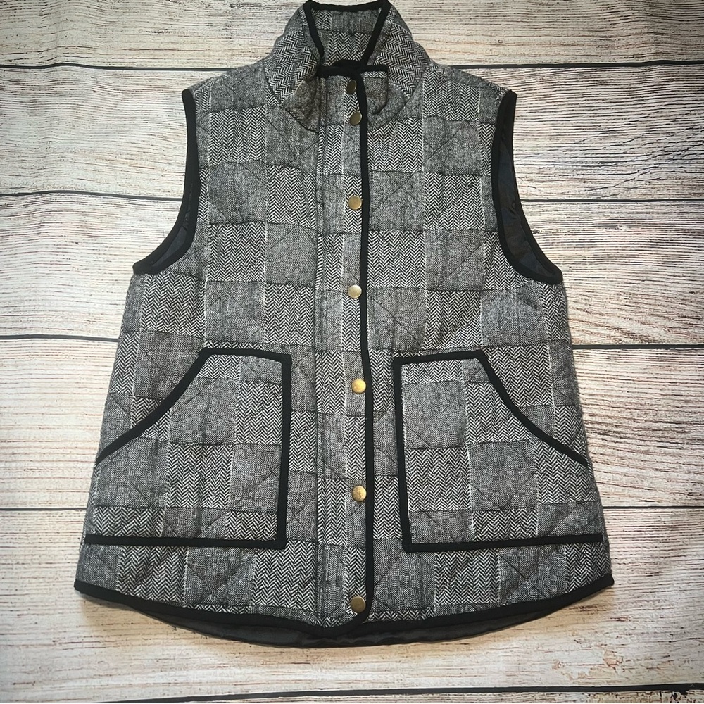 Blue Rain Quilted Down Vest Womens Size Medium Pockets Herringbone Black Gray